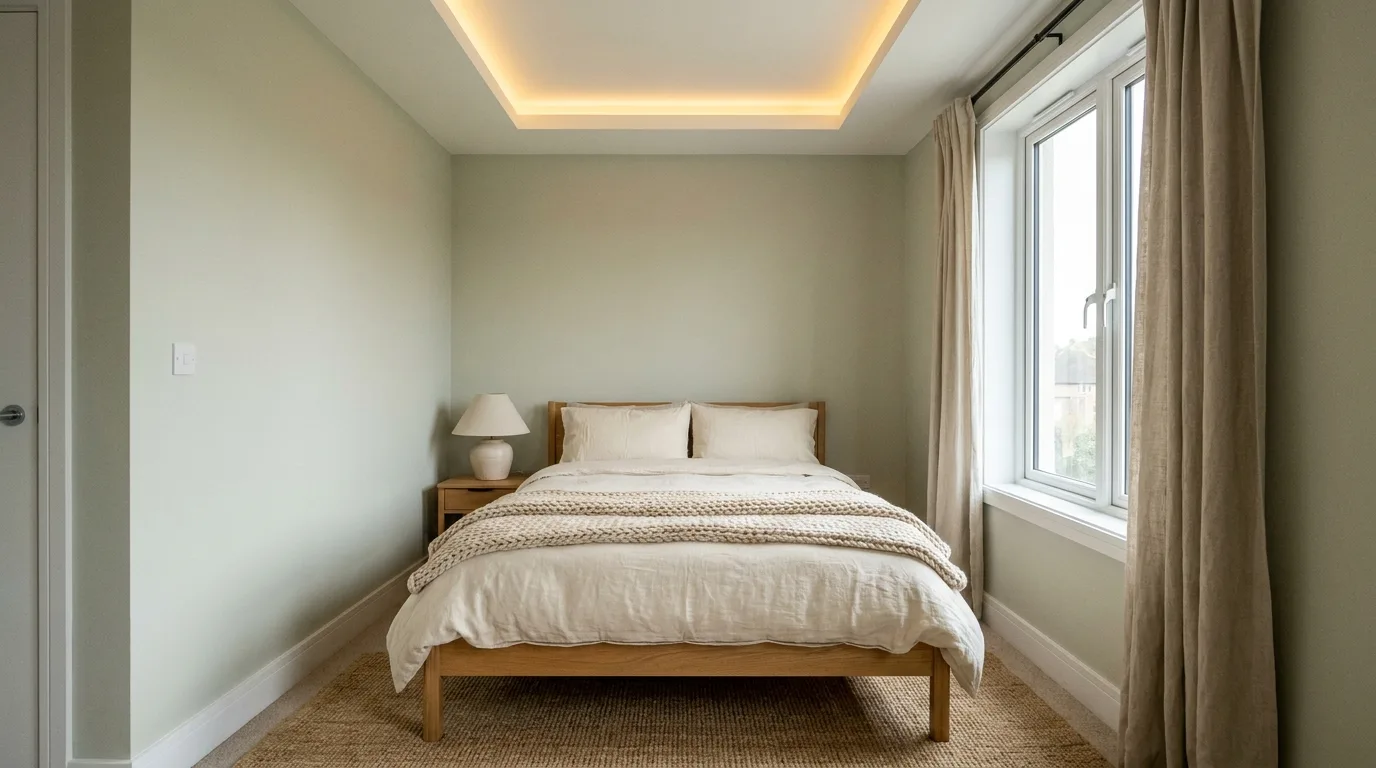 Contemporary living room with recessed spotlights in a simple POP ceiling