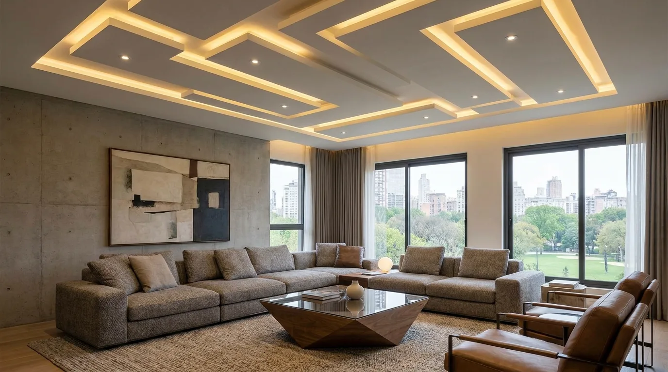Small living room with an L-shaped false ceiling and recessed lighting