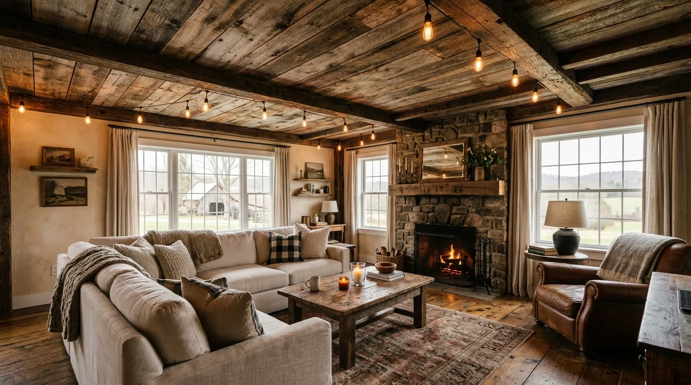 Central wooden ceiling feature panel above a seating area