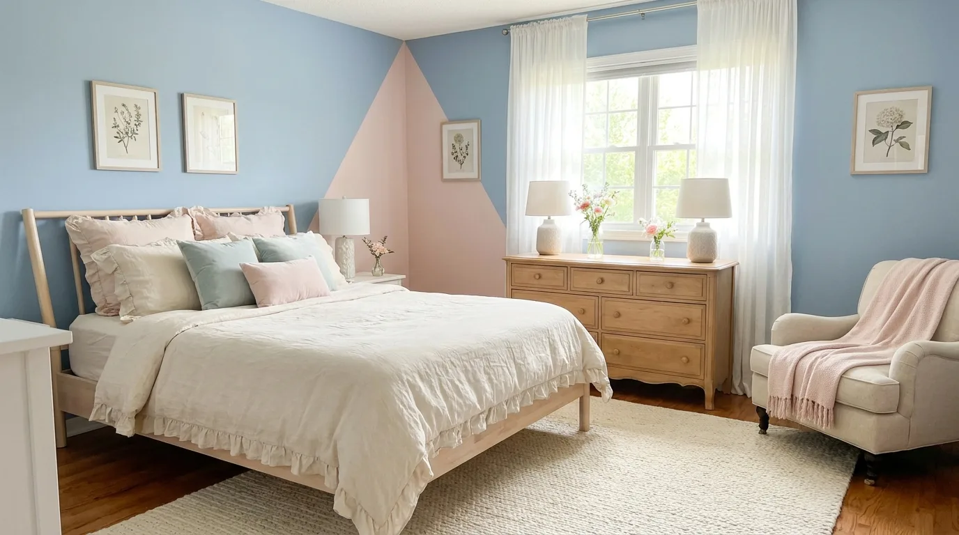 Coastal-inspired bedroom with ocean blue and sandy beige walls, rattan decor, and linen bedding.
