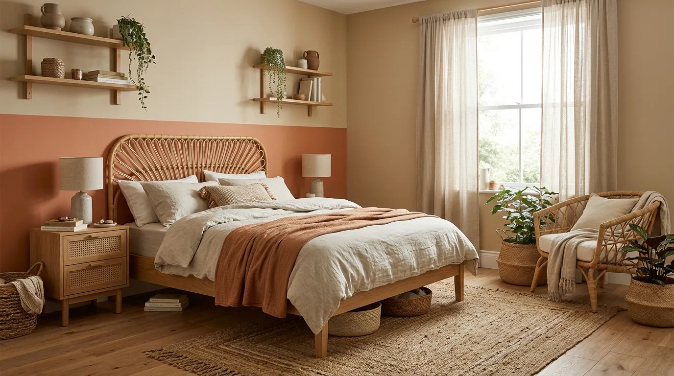 Calm earthy bedroom with terracotta orange and sage green walls