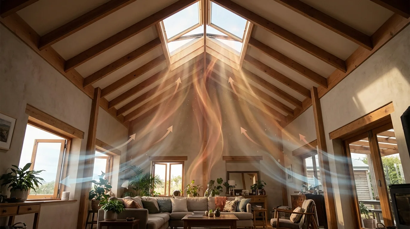 Home showing cross-ventilation through lower windows and a skylight