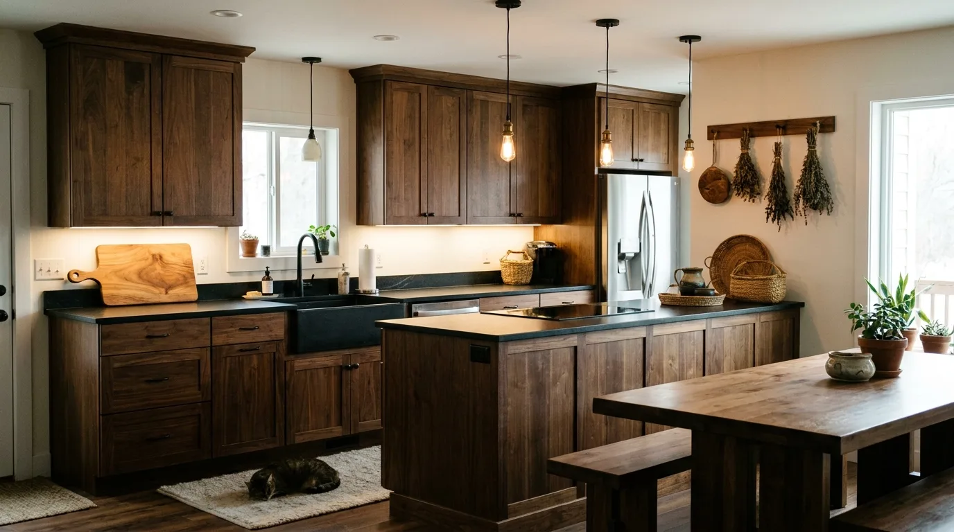 Gray kitchen cabinets with black quartz countertops