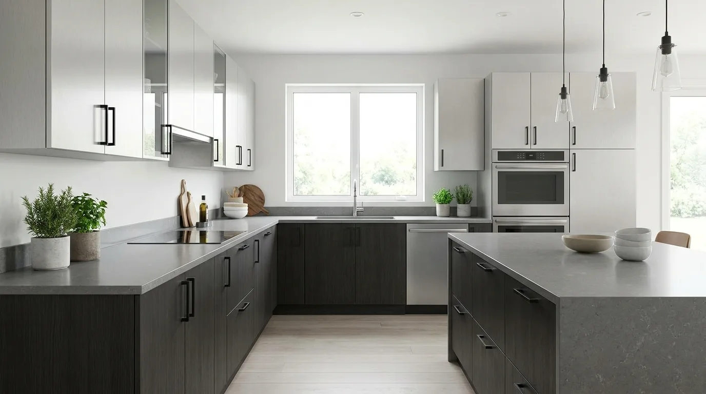 Colorful powder-coated aluminium kitchen cabinets in muted green