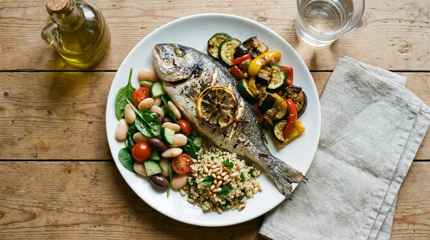 Whole Mediterranean foods alongside limited sugary snacks