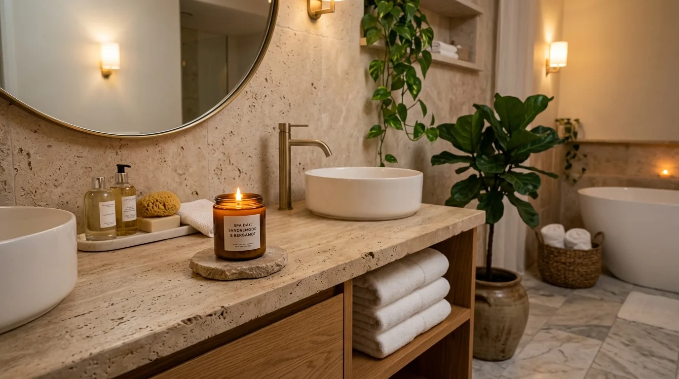 Scented candle adding warmth to a relaxing bedroom
