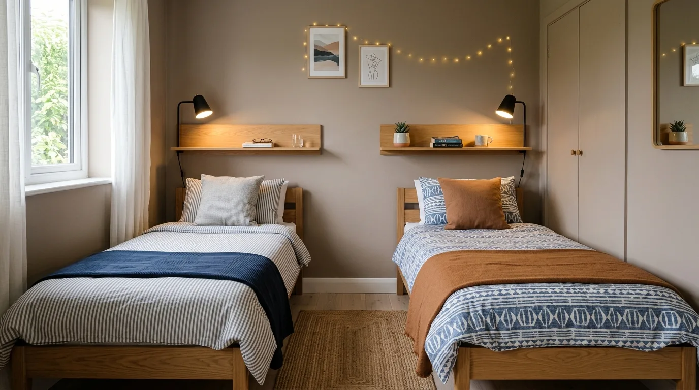 Cozy bedroom with two beds connected by one soft area rug