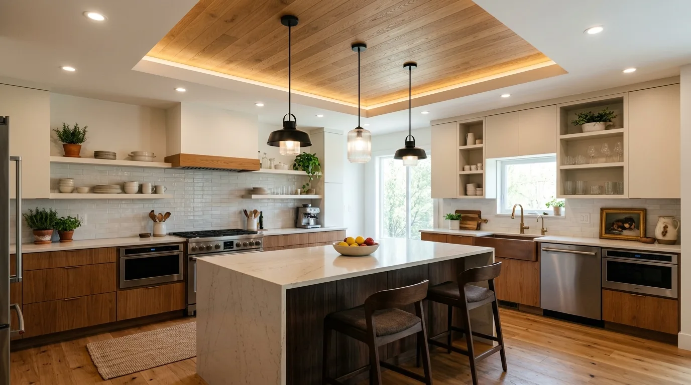 Kitchen with a curved false ceiling and concealed LED lighting