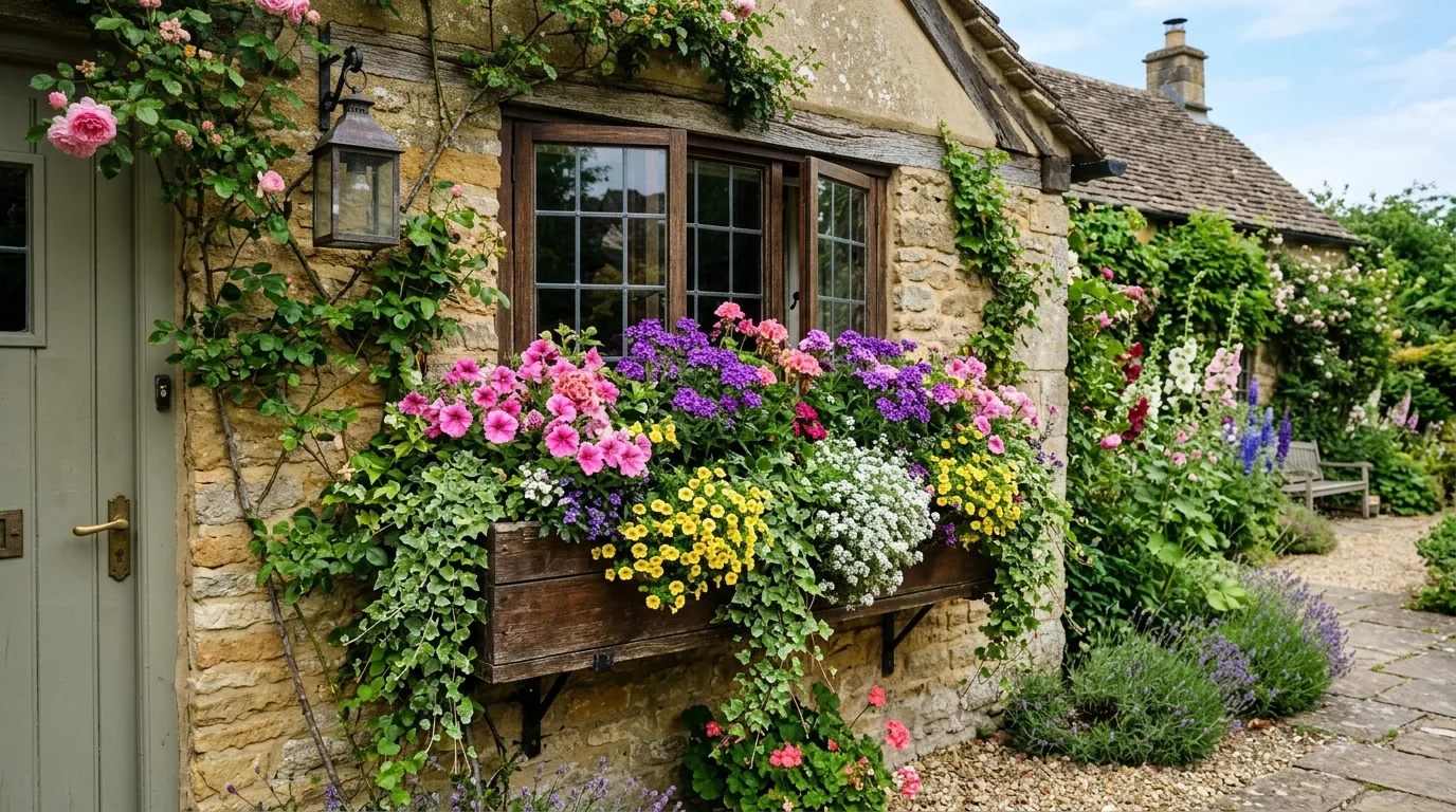 Modern minimalist window box with white flowers and greenery