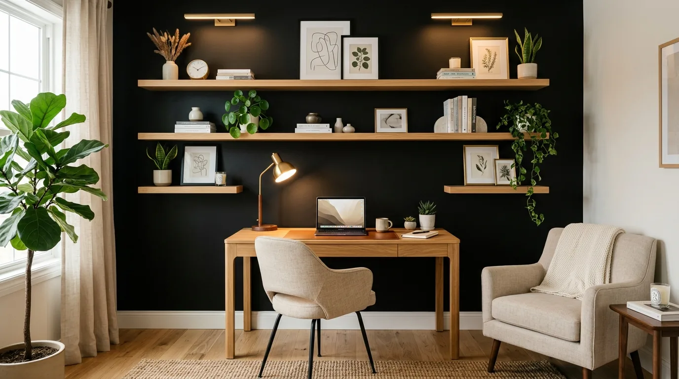 Modern bathroom with a black vanity accent wall