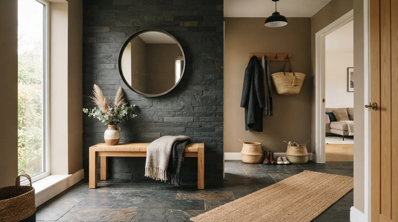 Wood-look porcelain plank tiles in a cozy living room