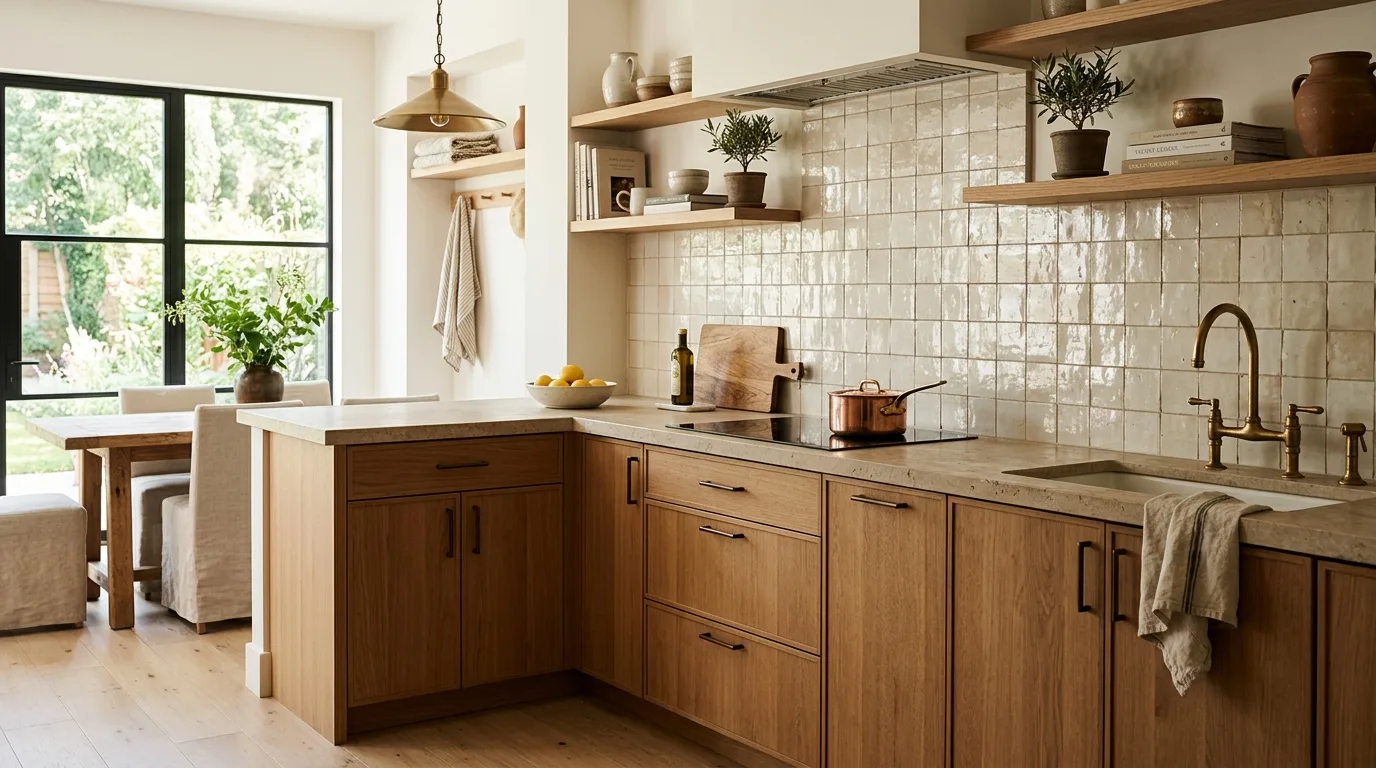 Stylish kitchen with deep green glossy zellige backsplash and oak cabinets