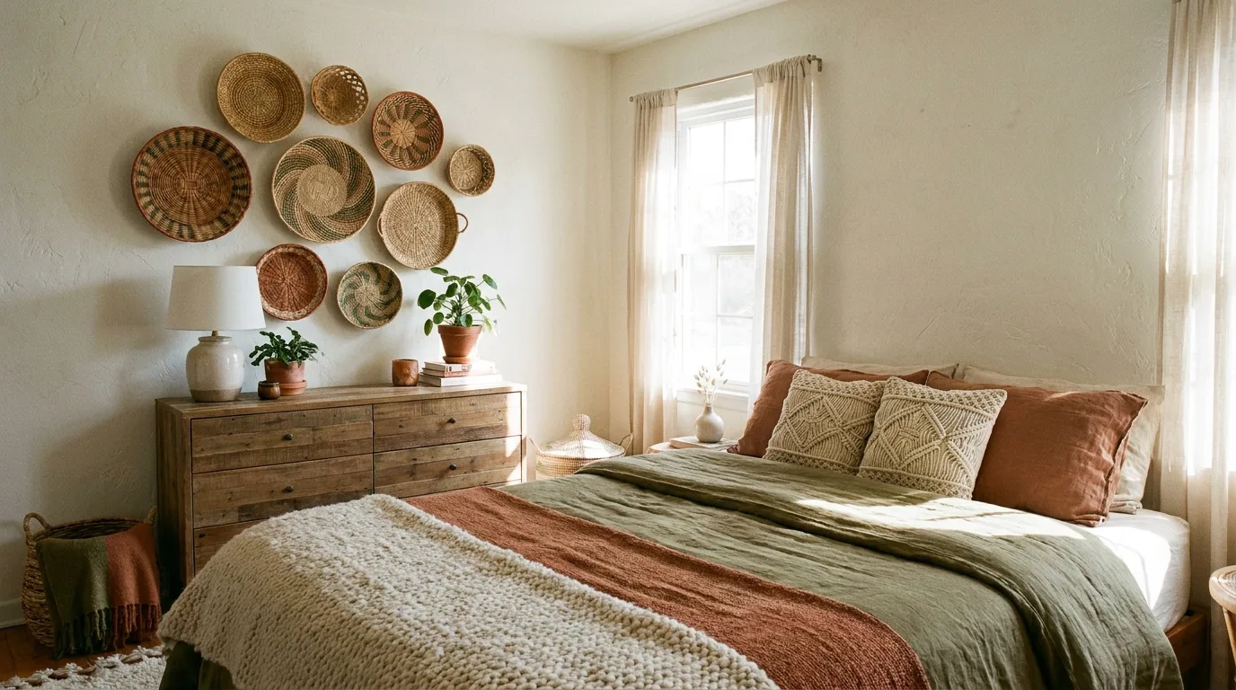 Stylish bedroom with a large minimalist wall clock