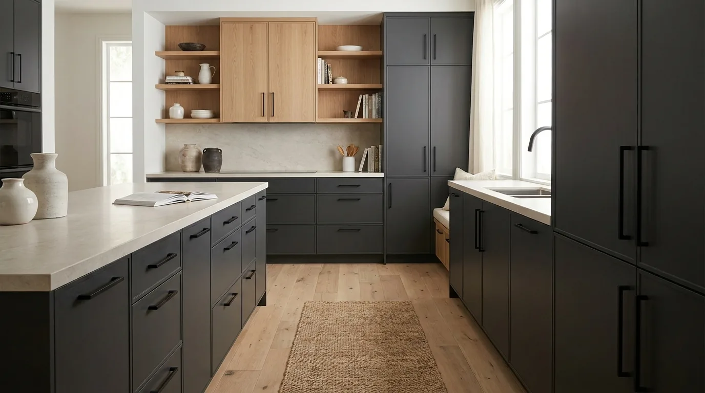 Dusty blue and white two-tone kitchen cabinets