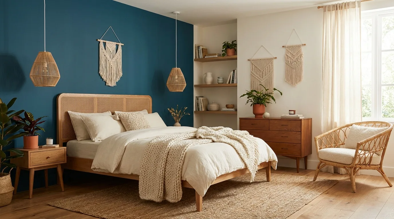 Muted blue and terracotta bedroom walls with earthy decor