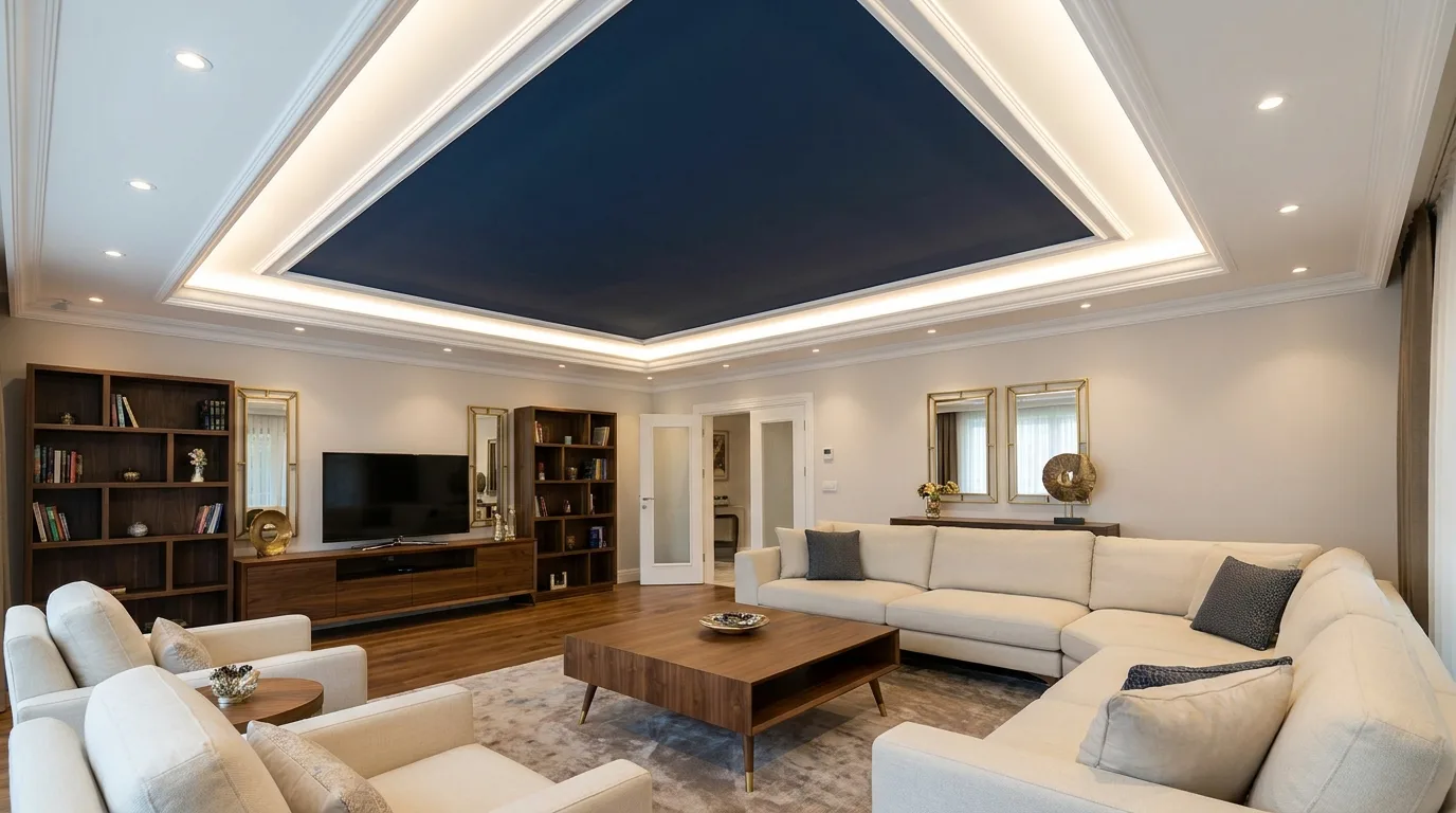 Soft modern bedroom with a blush-pink POP ceiling accent