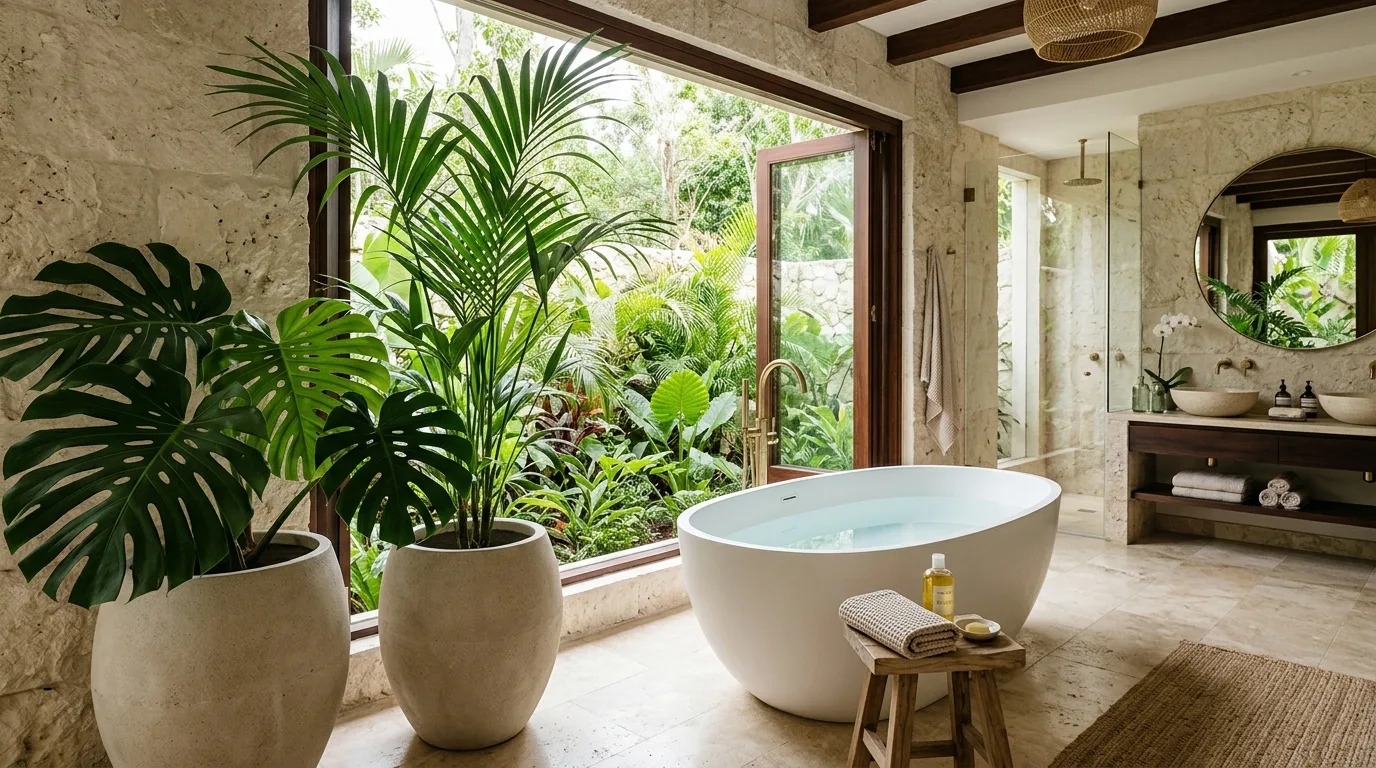 Green bathroom plant paired with warm wood and bamboo accessories