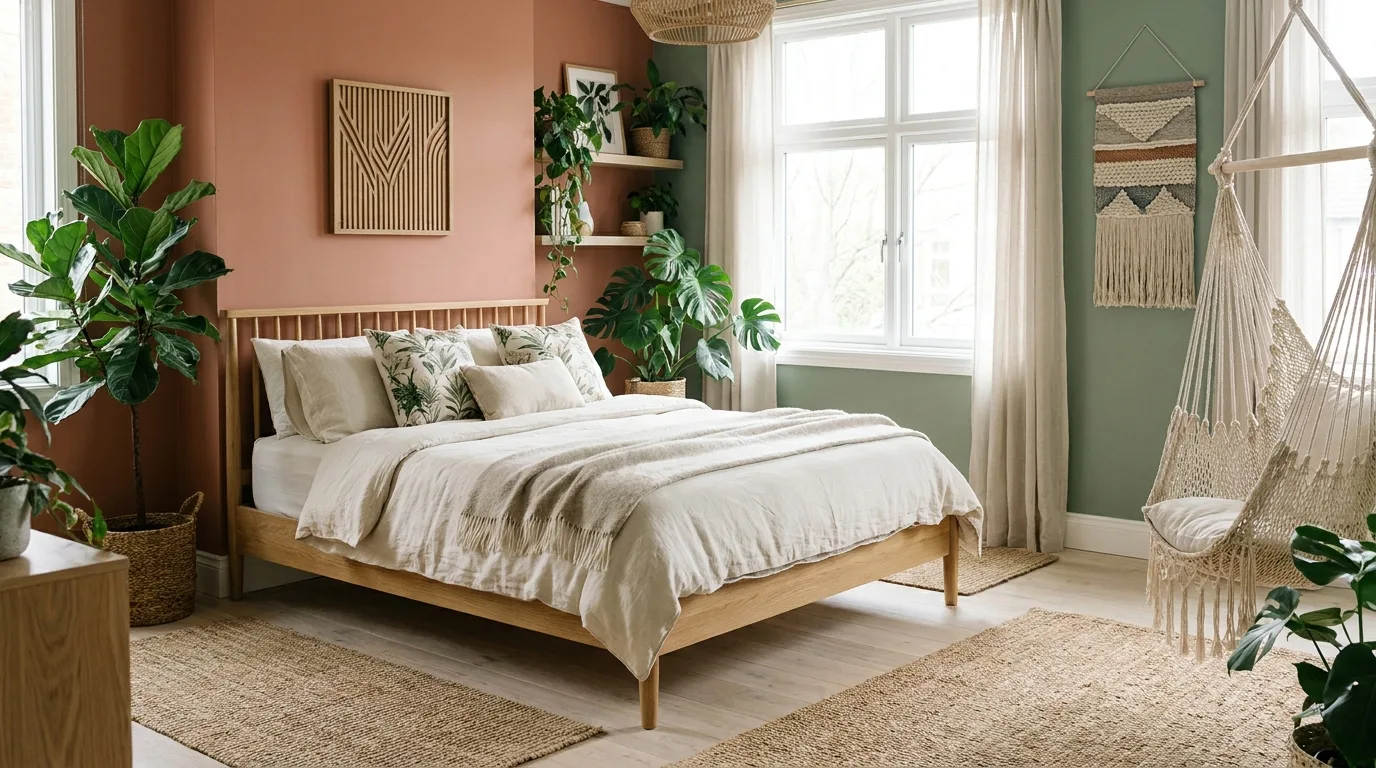 Relaxed peach orange and pale blue bedroom