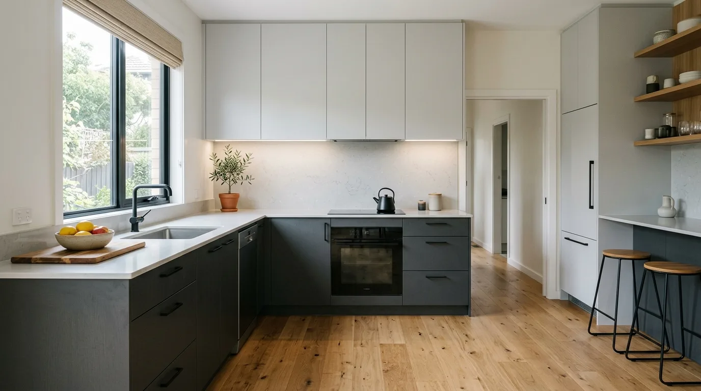 Forest green and warm white two-tone kitchen cabinetry
