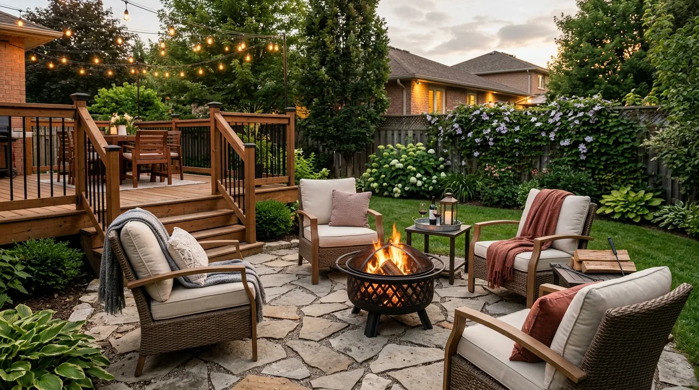 Compact outdoor dining area arranged on a backyard deck