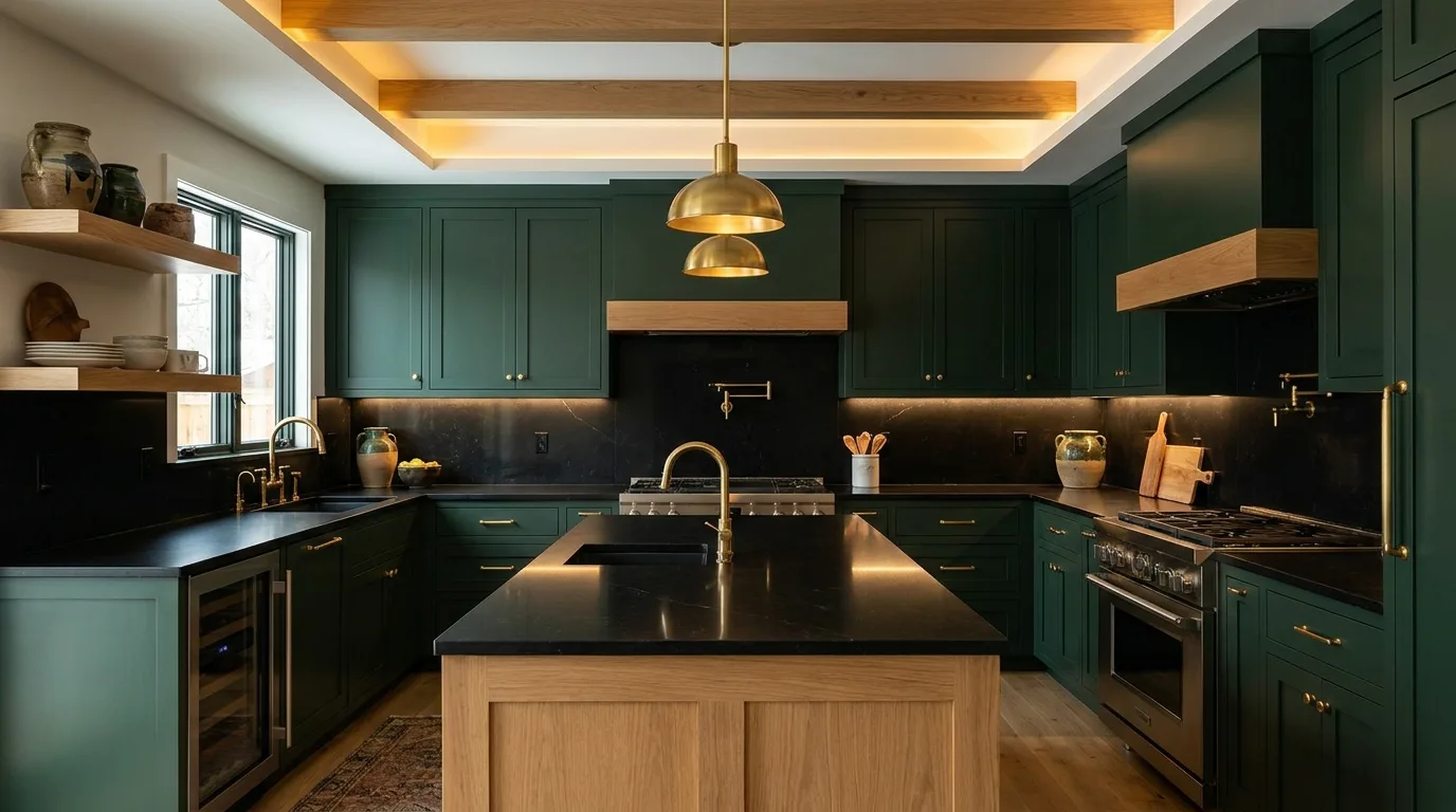 Green cabinets and black quartz in a sophisticated kitchen