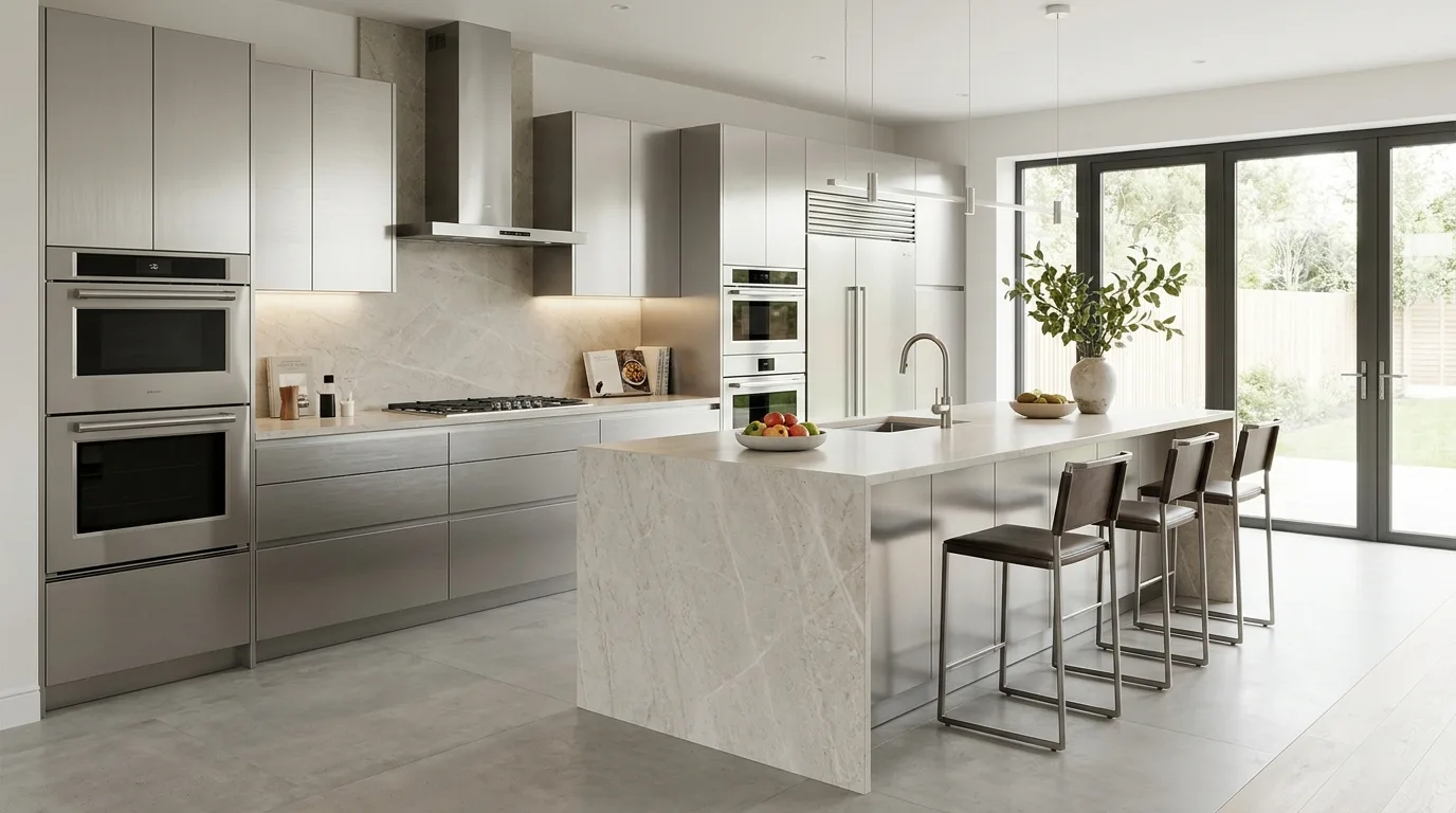 Aluminium cabinets combined with practical open kitchen shelving