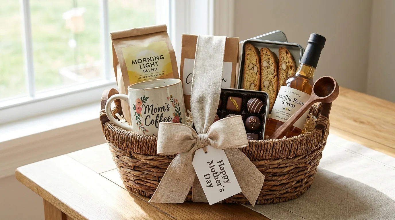 Sentimental Mother’s Day memory basket with family photos, handwritten letters, keepsakes, and flowers
