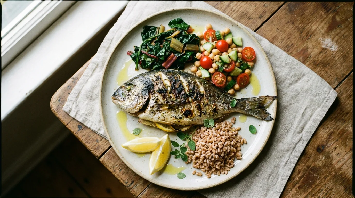 Fiber-rich Mediterranean-inspired breakfast with oats, fruit, yogurt, and eggs