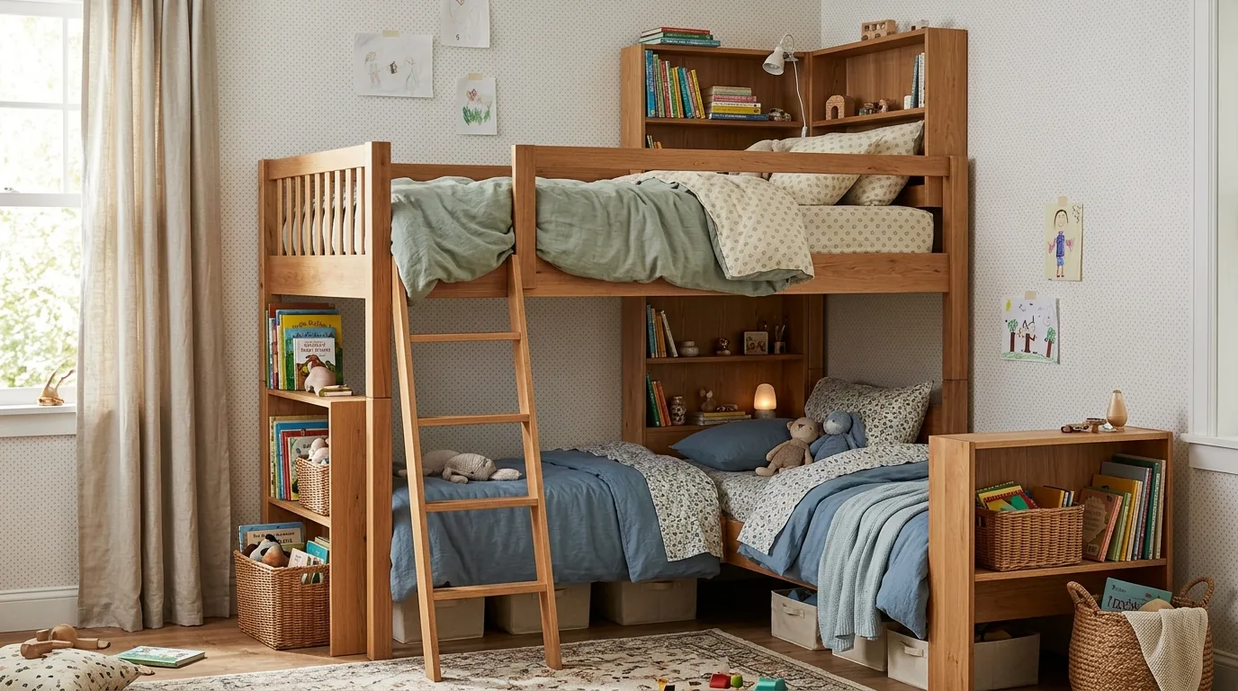 Two-bed small bedroom with floating nightstands and wall-mounted lights
