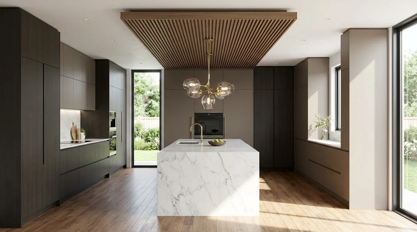 Contemporary kitchen with a circular false ceiling feature