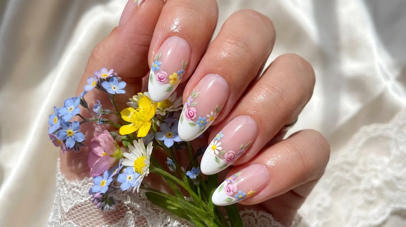 Pastel checkerboard nails paired with tiny white daisies