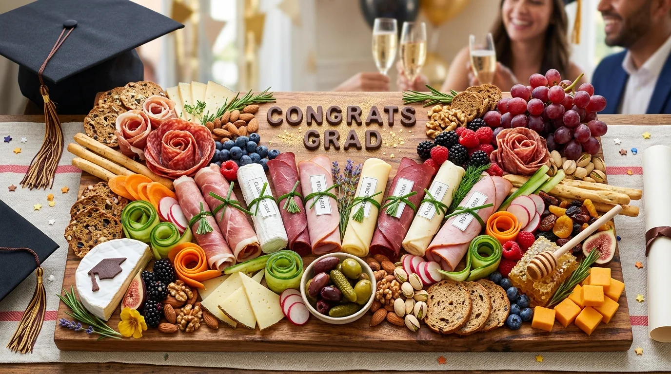 Outdoor picnic graduation charcuterie board with cheese, meats, fruit, sandwiches, crackers, and desserts