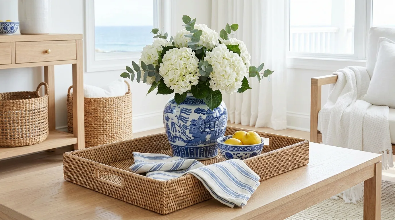 Lavender spring tray with cream candle, ceramic bowl, and linen accent