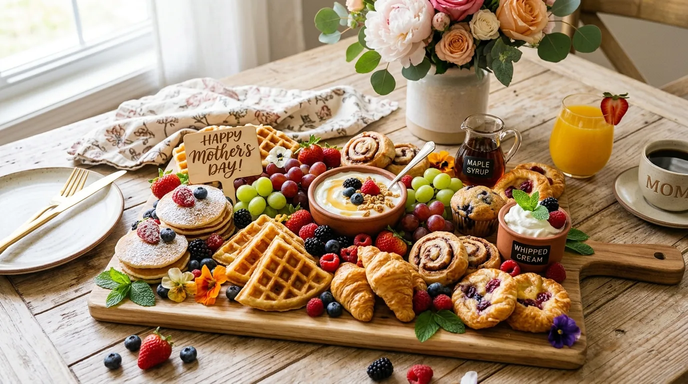Mother’s Day picnic charcuterie board with fruit, sandwiches, cheese, and pastries