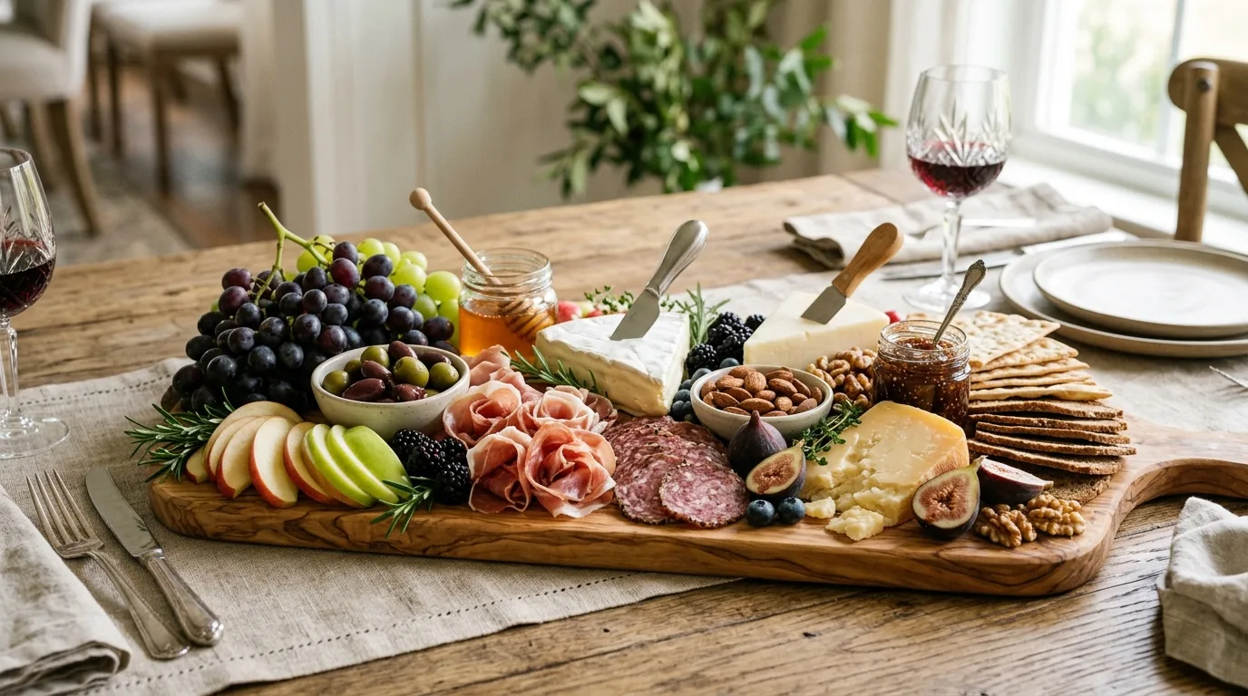 Rustic farmhouse charcuterie board with cheese, salami, fruit, bread, pickles, and honey