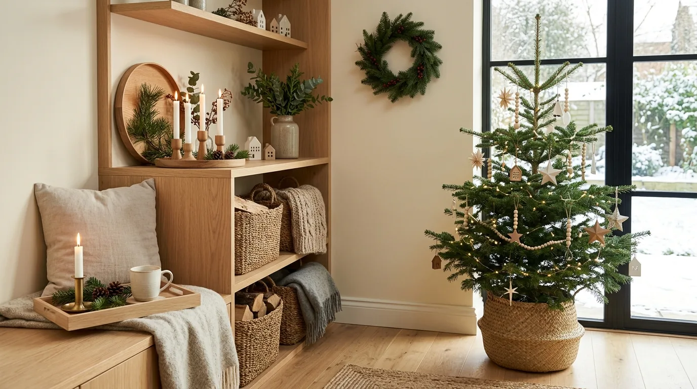 Scandinavian-inspired Christmas decor combining natural wood, greenery, woven textures, and neutral tones