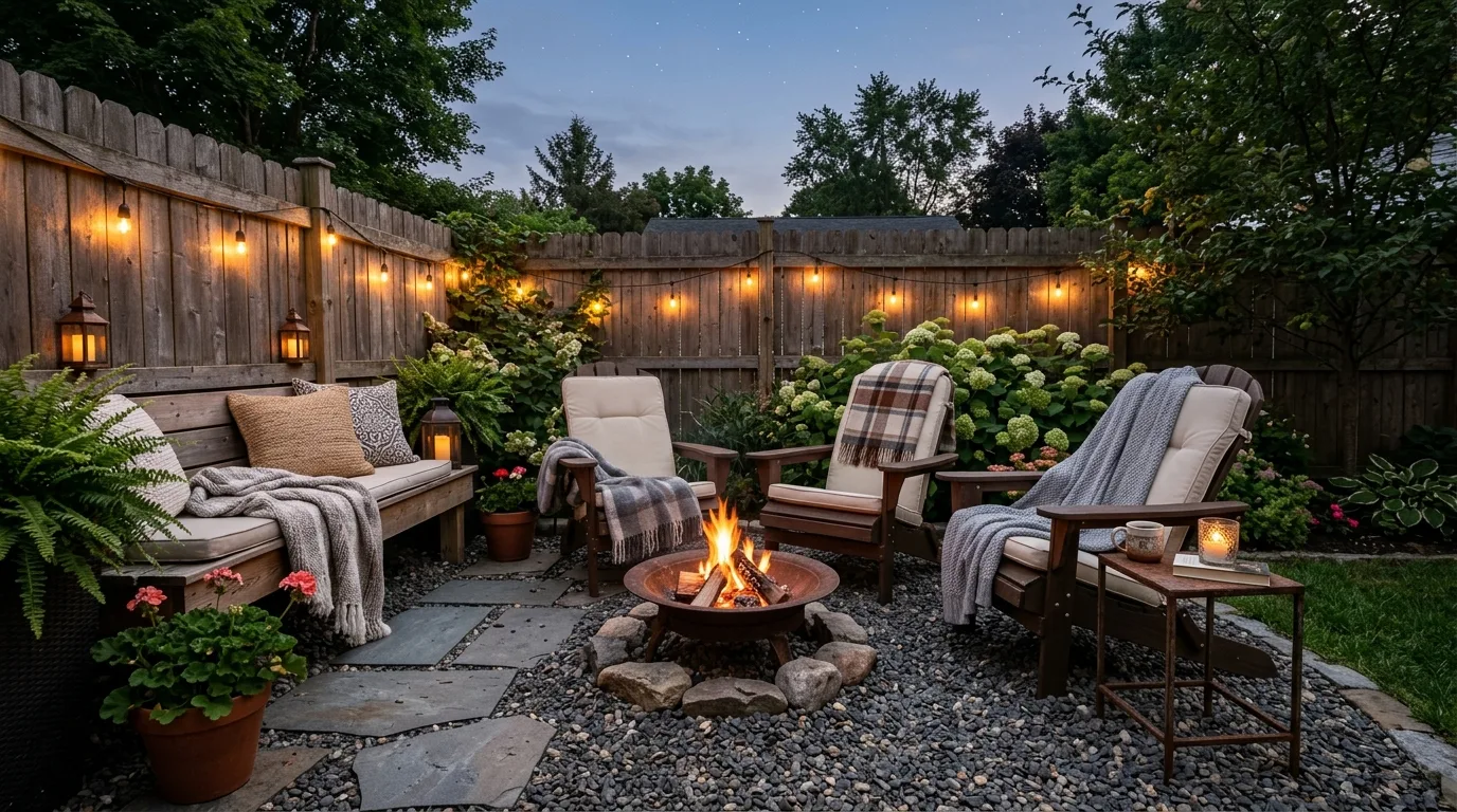 Small patio surrounded by layered potted plants, flowers, herbs, hanging pots, and compact seating