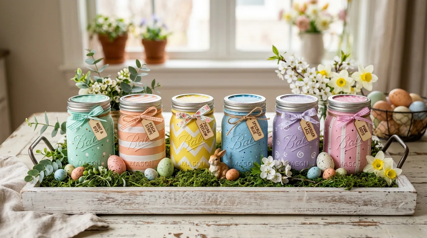 Floral bunny mason jar centerpiece filled with tulips, daisies, baby's breath, and greenery.