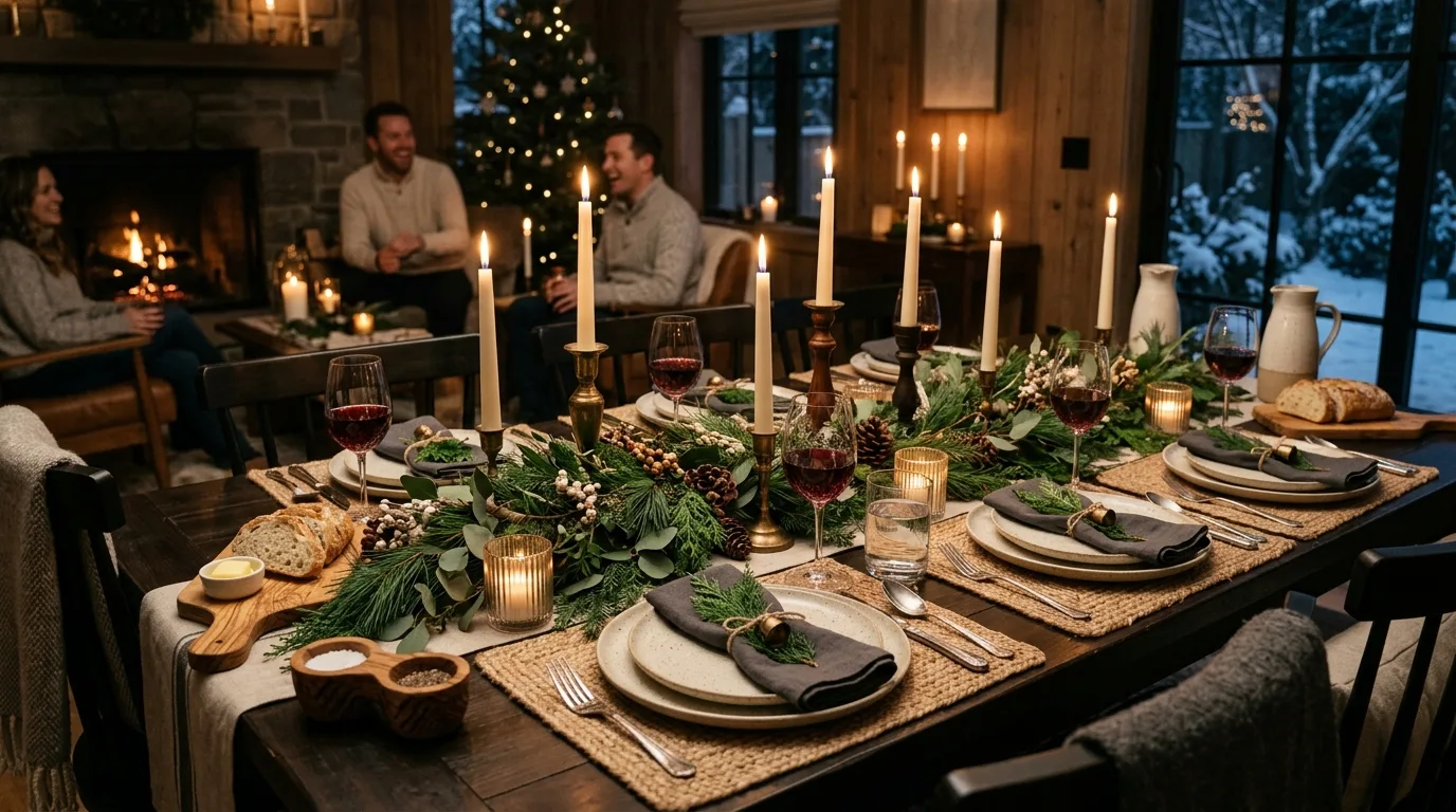 Winter dining table with evergreen centerpiece and natural textures