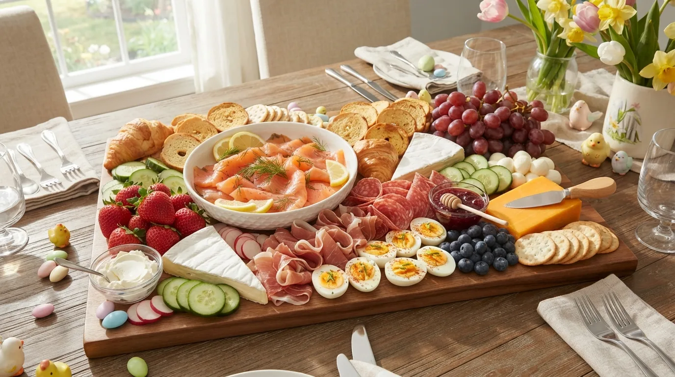 Mediterranean Easter charcuterie board with hummus, feta, olives and vegetables