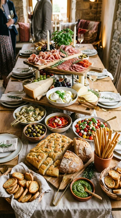 Garden party grazing table with cheese, fresh vegetables, fruit, herbs, and flowers