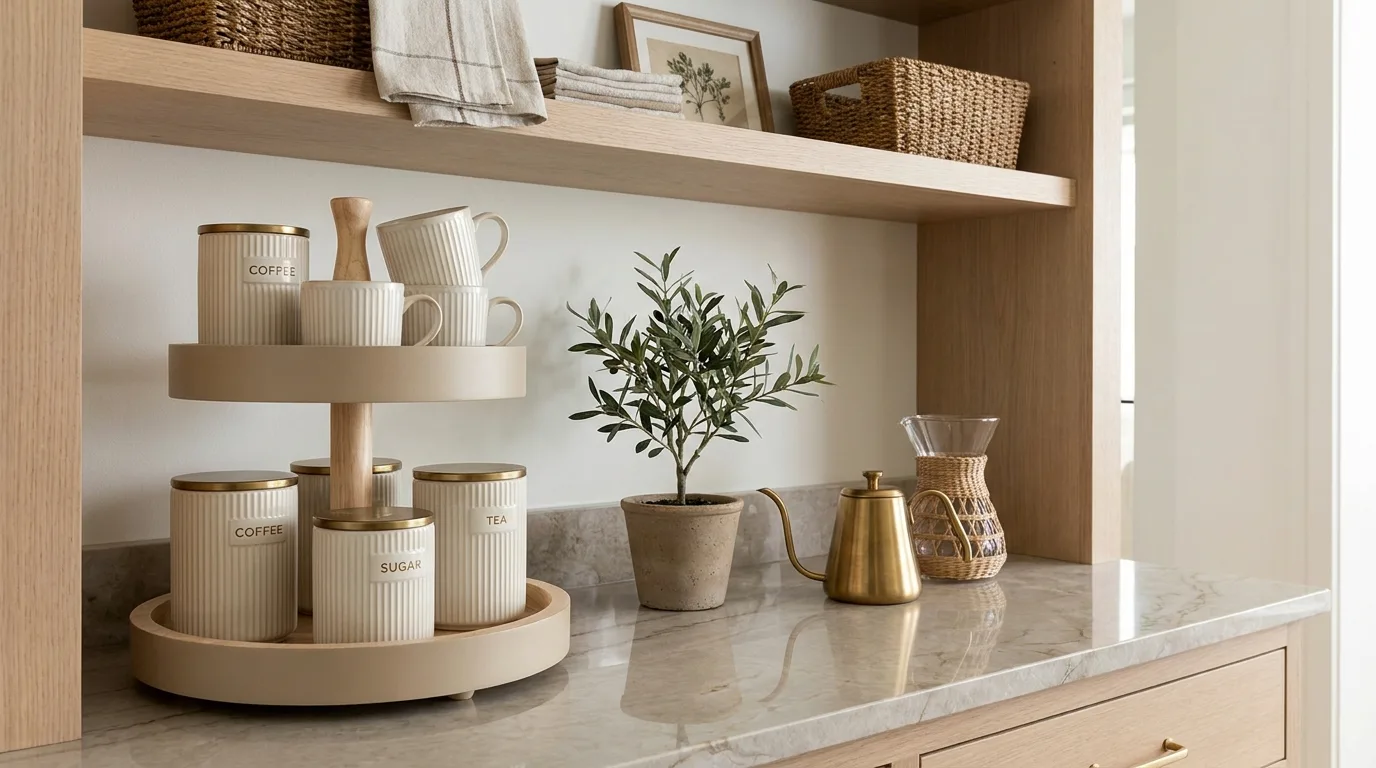 Tiered coffee tray providing organized syrup storage beside a coffee machine