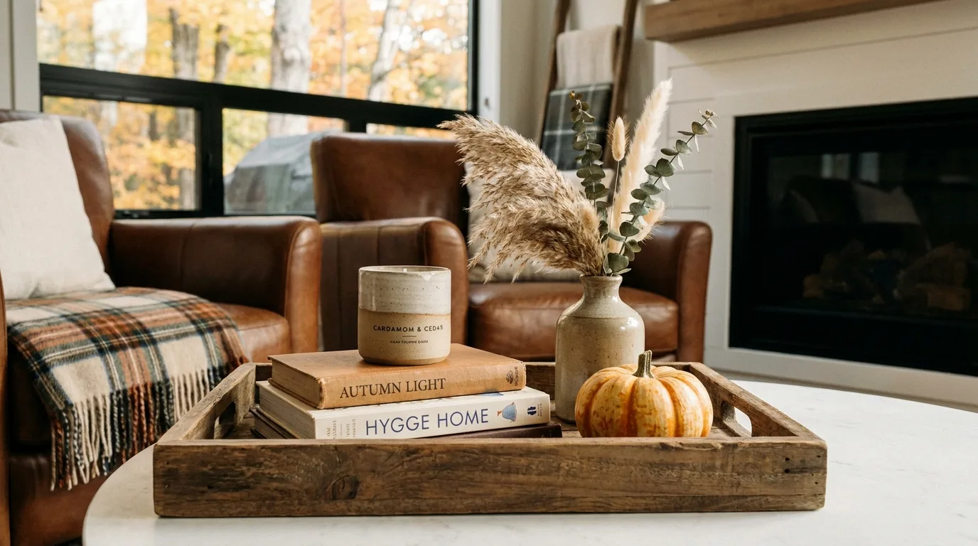 Cozy fall kitchen counter with dried stems, harvest fruit, and wooden accents