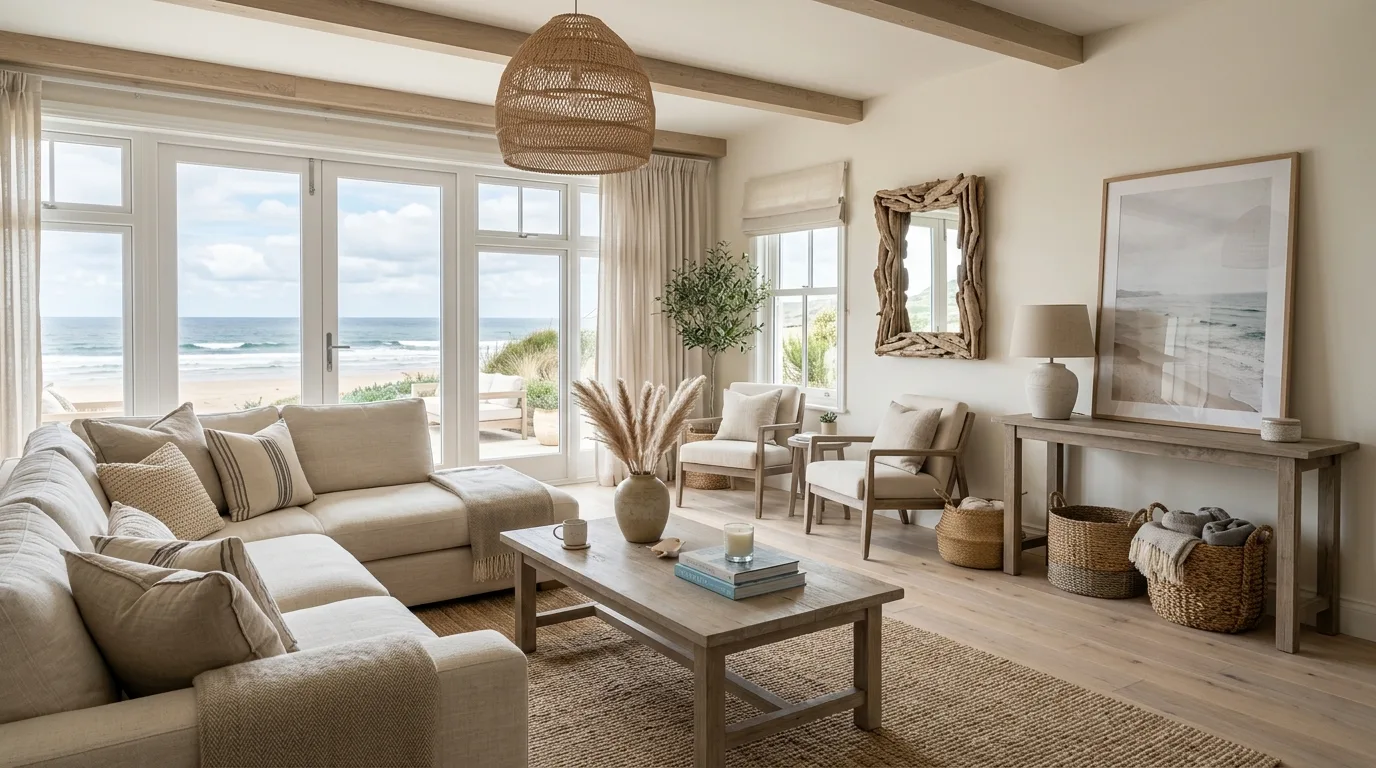 Casually styled coastal coffee table with books, ceramics, and woven details