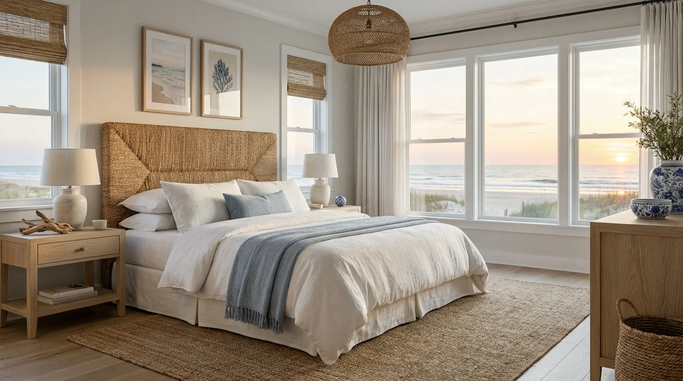 Elegant coastal bedroom with subtle shell-inspired scalloped and curved details