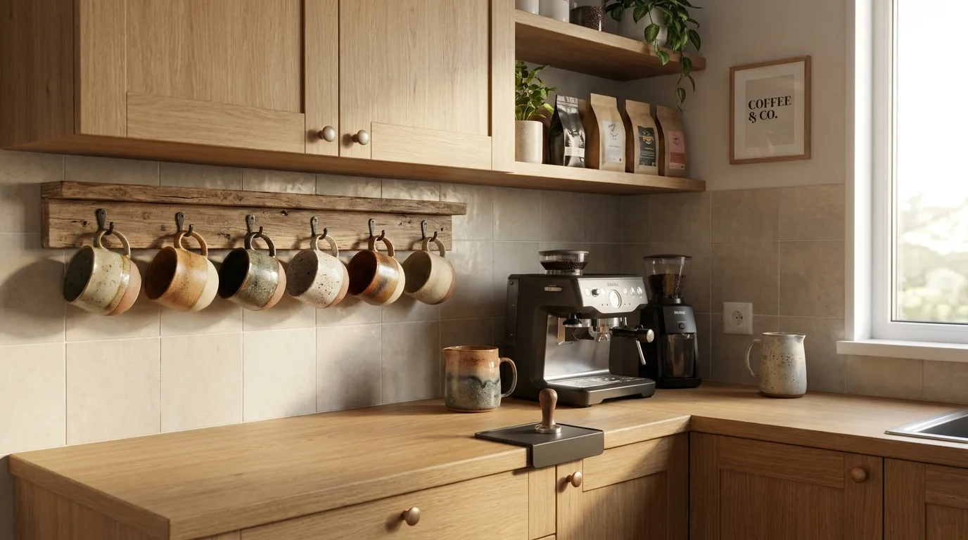 Cozy seasonal kitchen coffee bar with neutral mugs, coffee maker, and simple decor