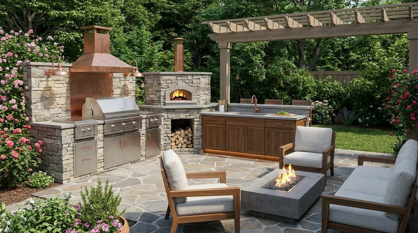 Outdoor kitchen illuminated with layered lighting for evening cooking and dining