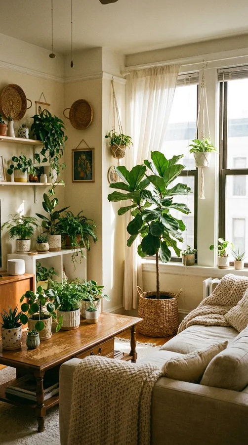 Curated gallery wall above a cozy apartment sofa