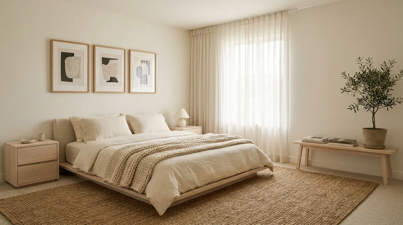 Minimalist bedroom with rounded mirror, curved lighting, and soft organic shapes