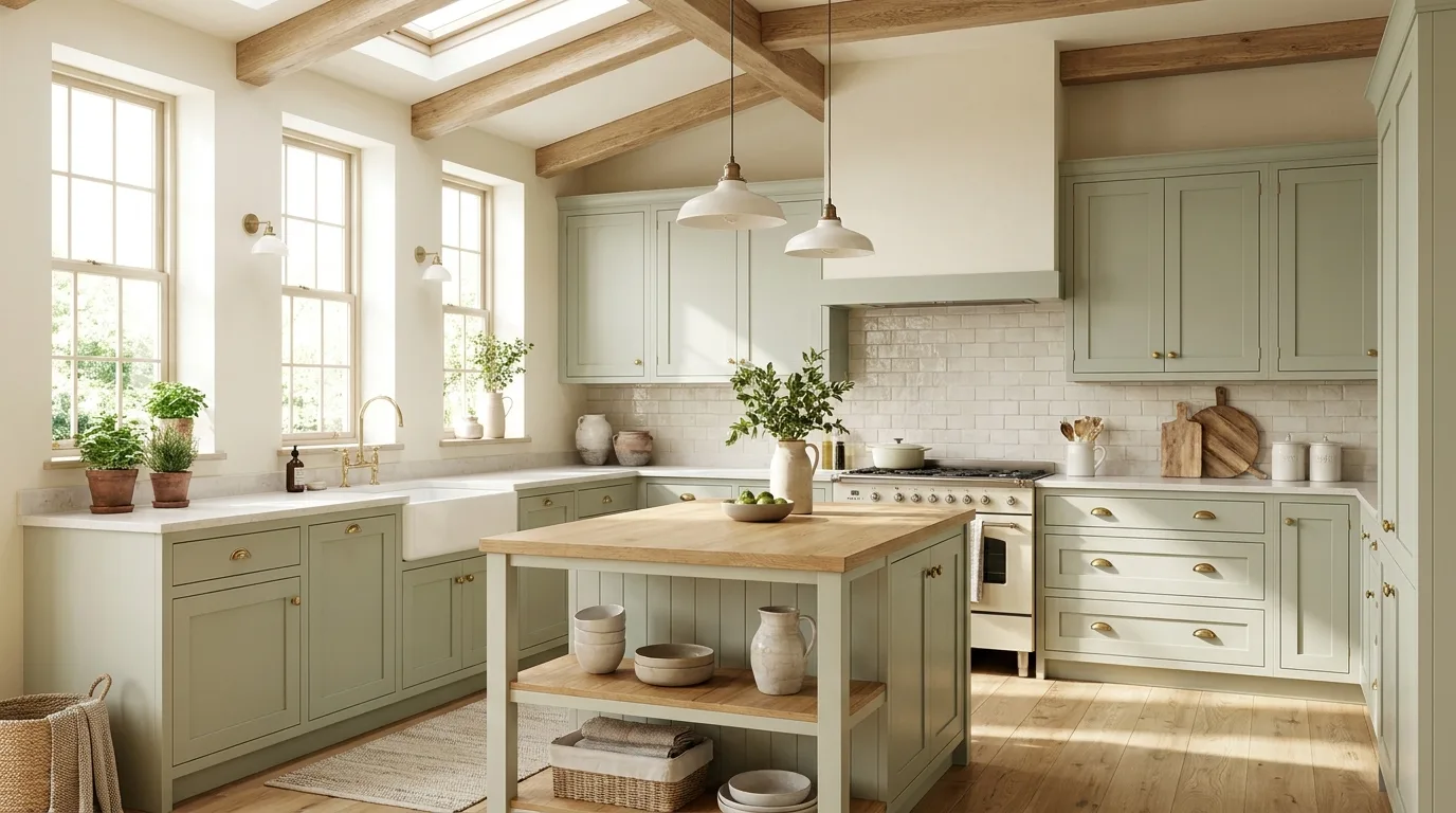 Small sage green kitchen designed with bright surfaces and smart storage